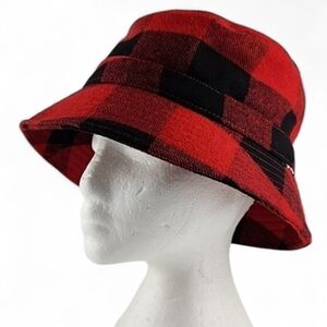 NWT HB STRIPES Unisex Bucket Hat Racing Red Black Plaid Wool Blend Fleece O/S
